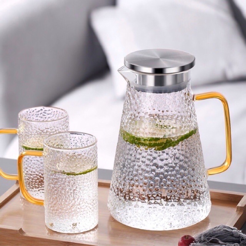 Bộ bình thủy tinh quai tròn kèm 2 cốc sần 300ml