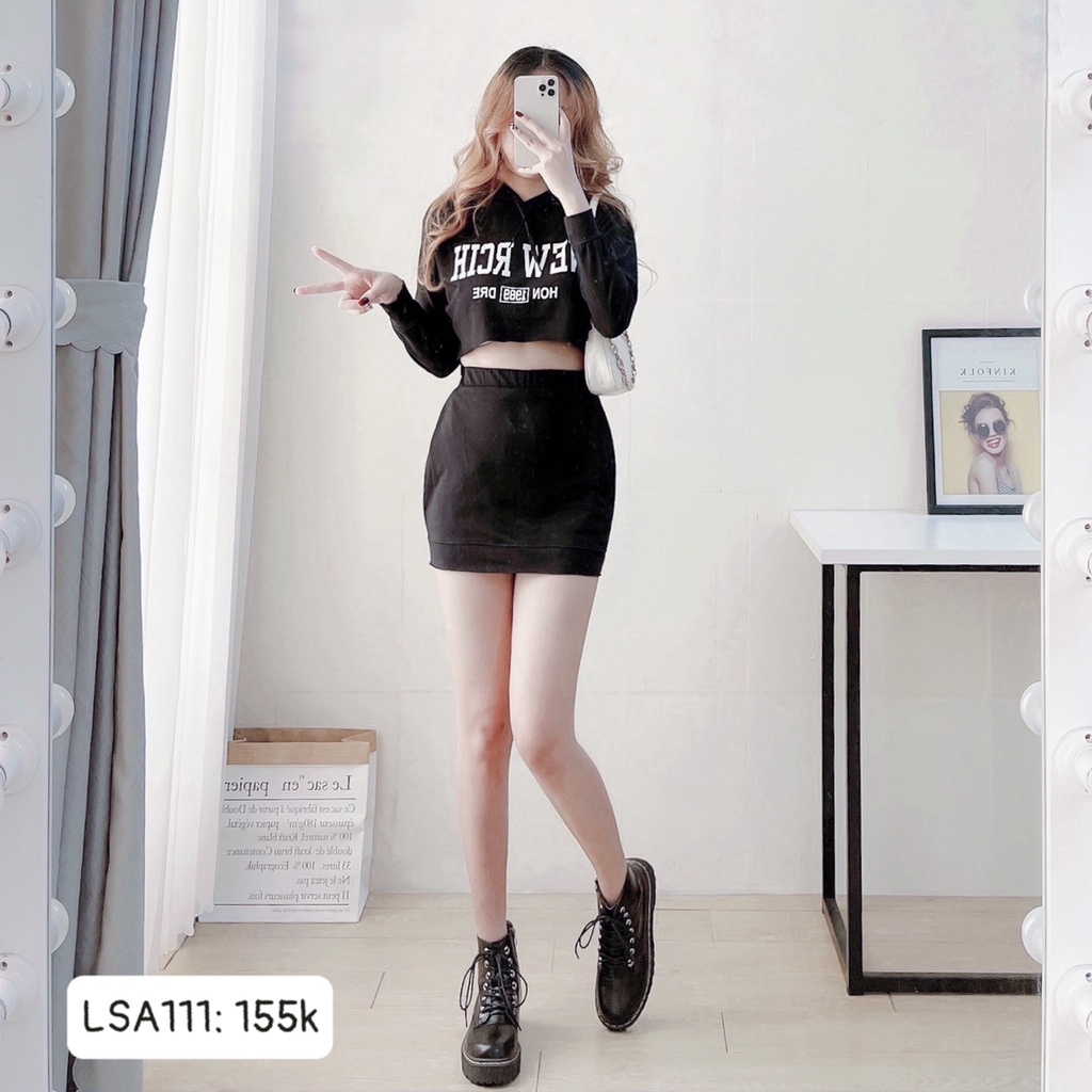 Set thun áo crop nón kèm chân váy LSA111 CHIBEST