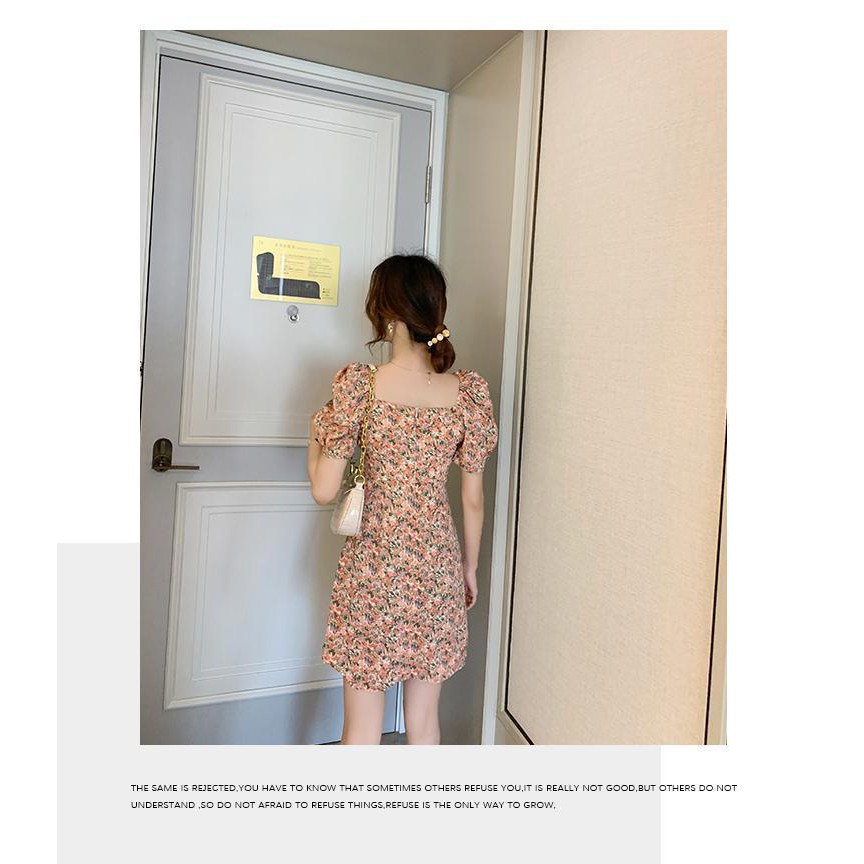 French bubble sleeves square collar floral dress waist show small irregular skirt | BigBuy360 - bigbuy360.vn