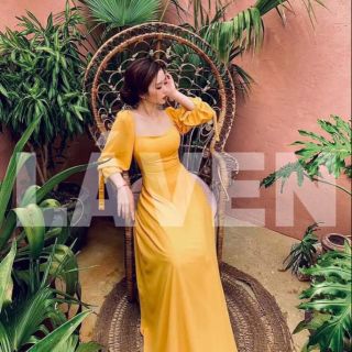 Đầm maxi vàng đan dây lưng