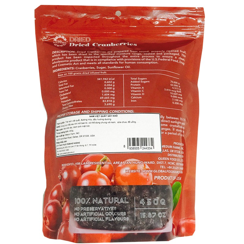 Nam việt quất sây khô Only Nature 450g/túi (Cranberries)