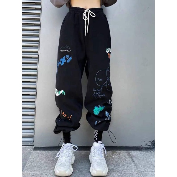 Quần jogger nỉ hình có dây rút ống form thụng rộng nam nữ unisex ulzzang Freesize dưới 60 kg