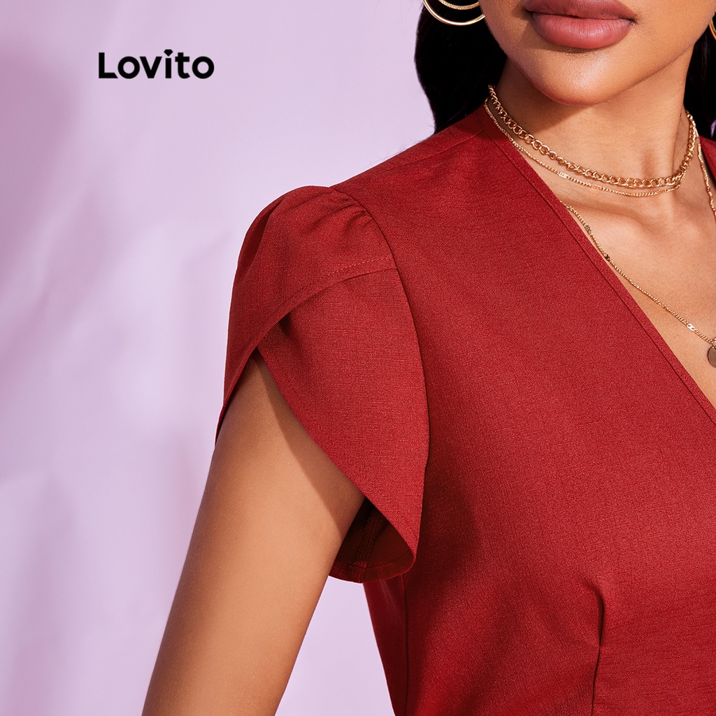 106DP-váy (Lovito Exclusive) STIPPLING WORLD Dây quấn cổ chữ V trơn Tao nhã L28LE024 (Đỏ tía)