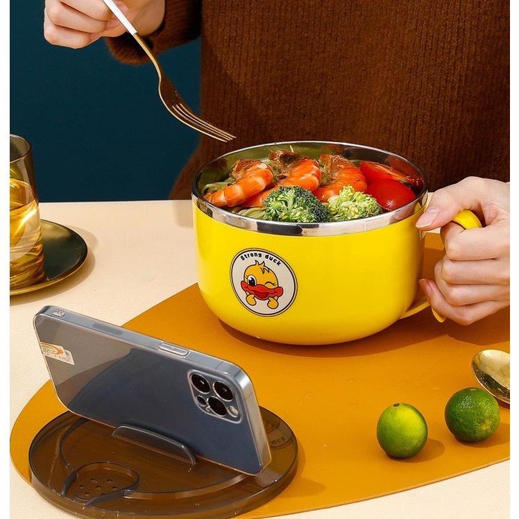 BÁT INOX ĂN MÌ, CHÁO CÓ NẮP GIỮ NHIỆT HÌNH VỊT CUTE CÓ TAY CẦM - CA MÌ VỊT
