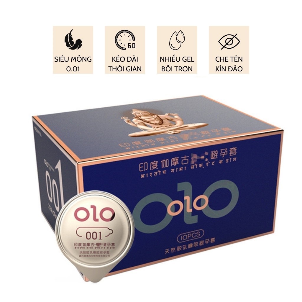 Bao cao su OZO 0.01 Siêu mỏng kéo dài thời gian nhiều gel bôi trơn (hộp 10c OLO xanh)