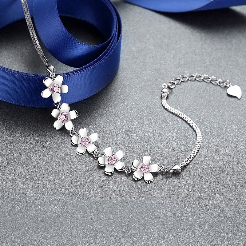 Mới 925 Mạ Bạc Trang Sức Hoa Anh Đào Vòng Tay Dát Hồng Kim Cương