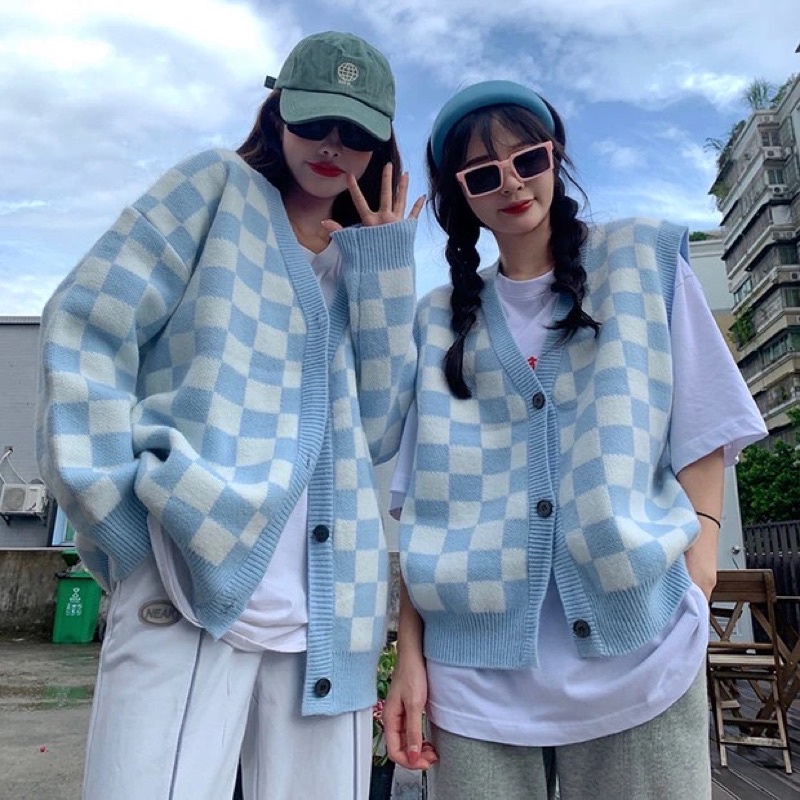 Áo Khoác Len Cadigan Gile Kẻ Karo Nam Nữ Unisex Màu Xanh Đen Trắng Dài Tay Ngắn Loại 1 Phong Cách Ulzzang Hàn Phom Rộng