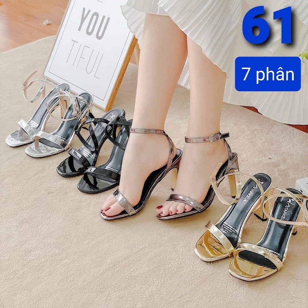 Giày Sandal Nữ Cao Gót 7 Phân Gót Vuông, Quai Ngang, Da Bóng MS 061