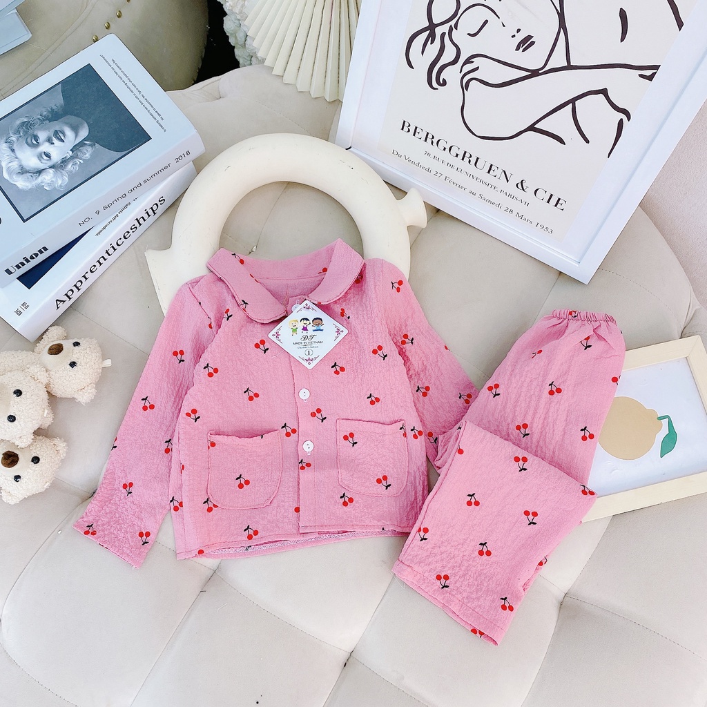 Bộ Dài Tay 2 Túi Xốp Nữ Cho Bé Chất Vải Đũi Xô Nhẹ Nhàng Thoải Mái Size Từ 7-16KG VNXK Nhật-Hàn