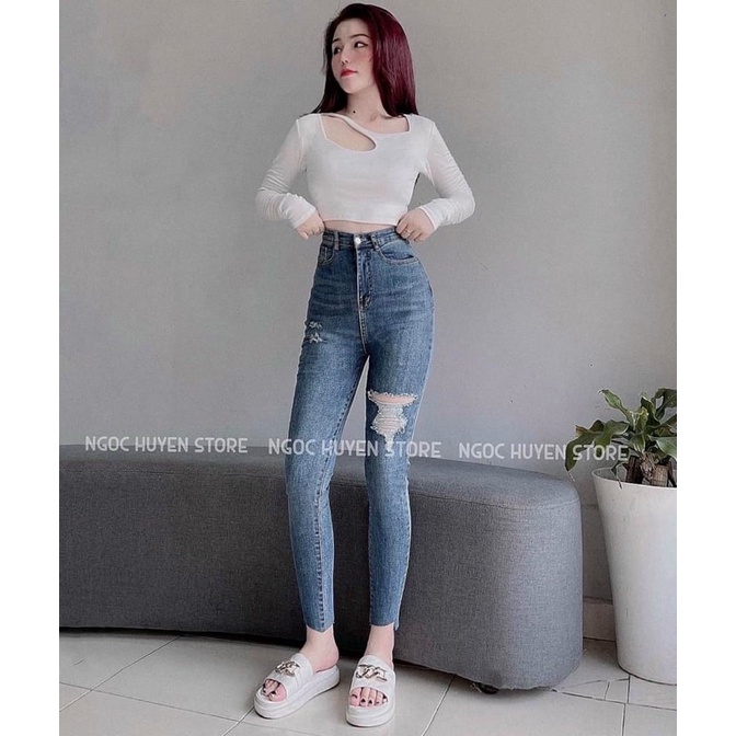 Quần jeans bó dãn cạp siêu cao kèm ảnh thật
