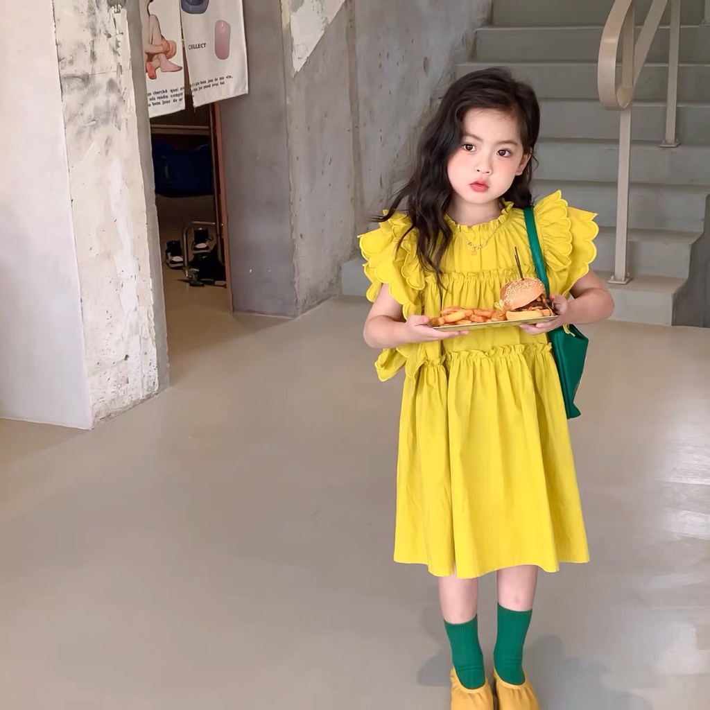 Váy bé gái Kiddysun tay cánh tiên 2 lớp màu vàng thô Hàn mát mềm công chúa xinh đẹp 1.2.3.4.5.6.7.8.9.10.11.12 tuổi V155