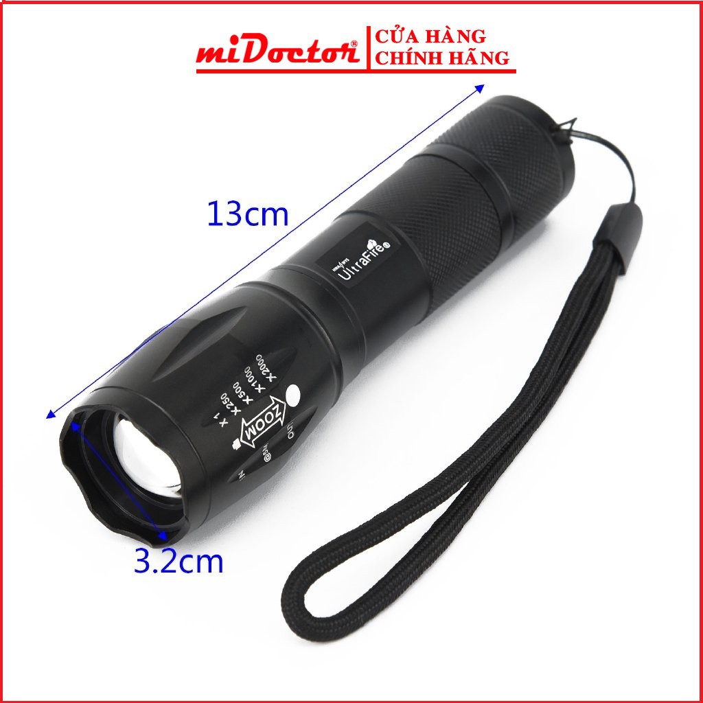 [Chính hãng] Đèn pin mini siêu sáng hộp nhựa, cầm tay cao cấp hợp kim chống nước pin có thể sạc lại Full box miDoctor