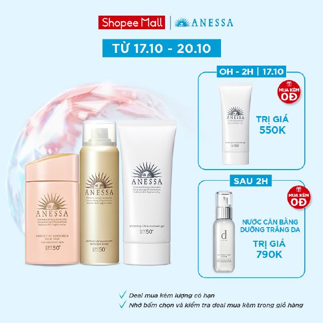 Bộ kem chống nắng Anessa dưỡng trắng & dịu nhẹ dành cho da nhạy cảm(UV Sunscreen Gel + Spray + Mild Milk:SPF 50+ PA++++)