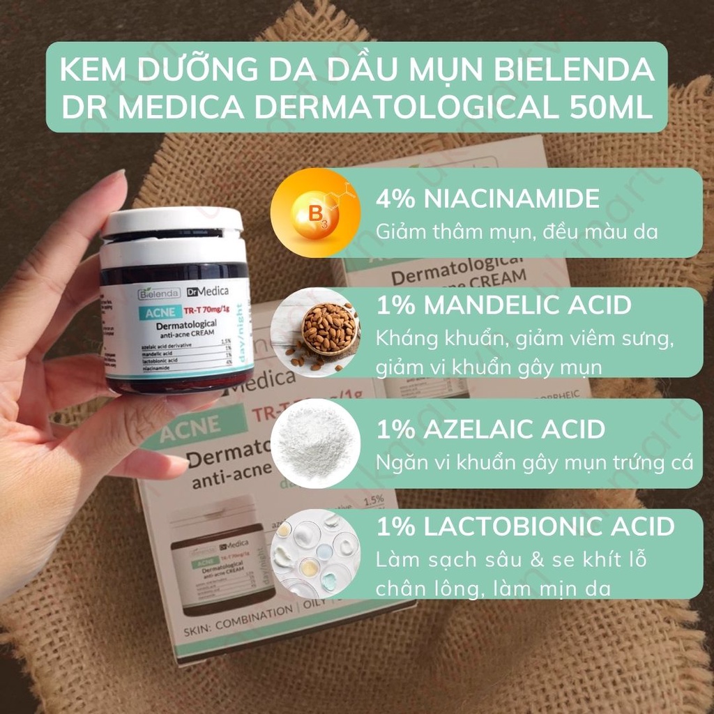 Kem Dưỡng Da Dầu Mụn Bielenda Dr Medica Dermatological Anti Acne Face Cream Day Night 50ml