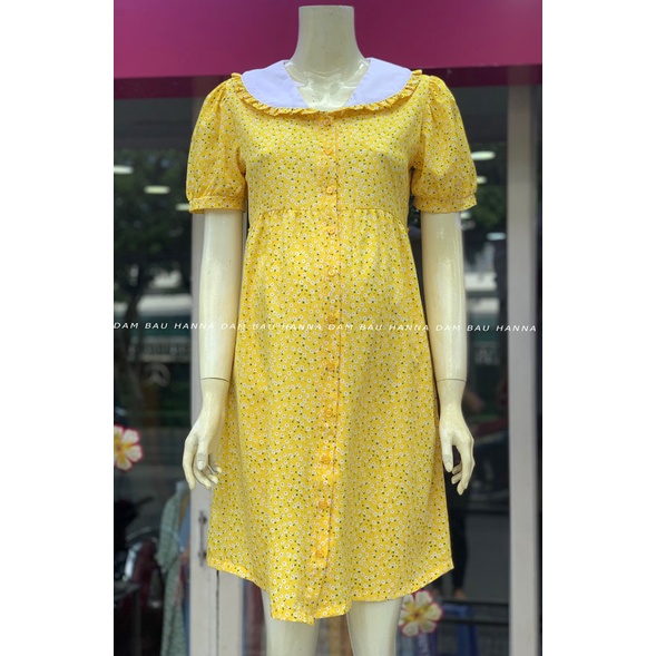[HANNA] Đầm bầu công sở hoa nhí vải lụa cao cấp mềm mát không nhăn có size 80kg tay kiểu dễ thương dài đến gối có túi