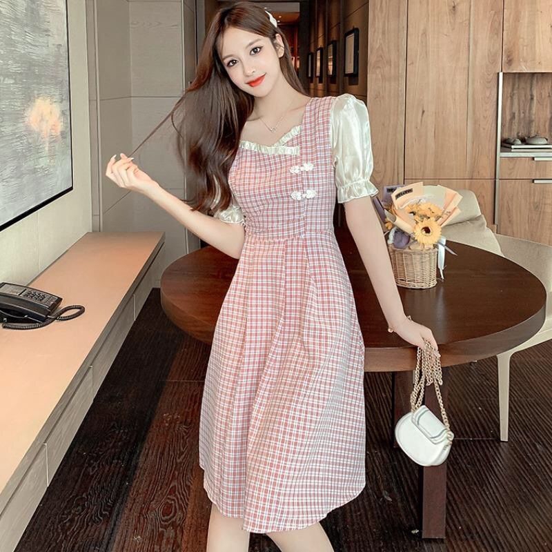 Đầm Nữ Ngắn Tay Cổ Vuông Họa Tiết Caro Thời Trang | BigBuy360 - bigbuy360.vn