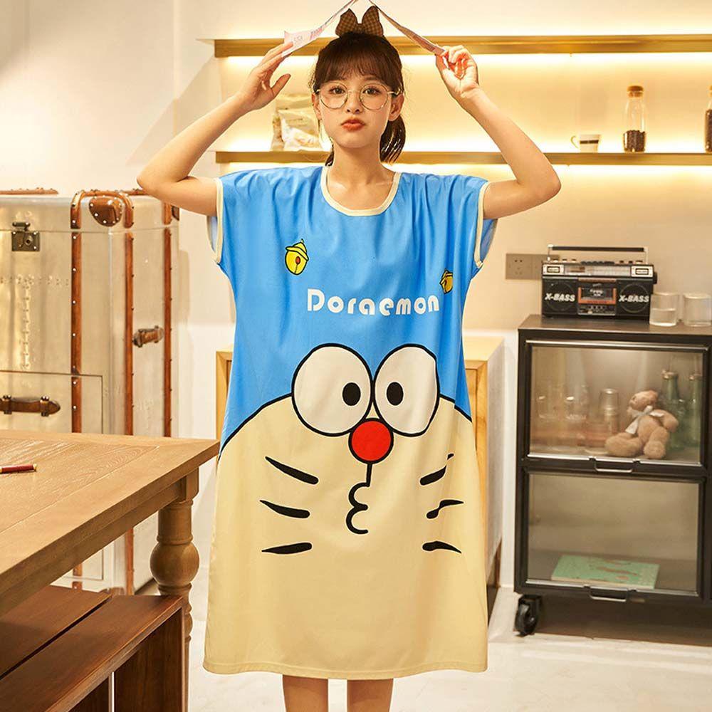 Đầm Ngủ In Hình Mèo Máy Doraemon Lấp Lánh Dễ Thương Thời Trang Mùa Hè Cho Bạn Gái