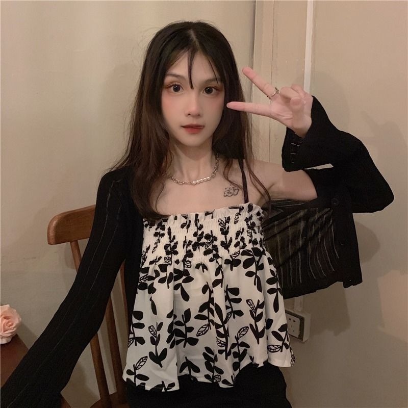 Áo Cardigan Hai Dây Mỏng Dáng Ngắn Màu Đen In Hoa Thời Trang Xuân Trẻ Trung