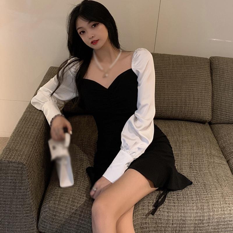 Đầm nữ dài tay cổ chữ V thời trang Hàn Quốc