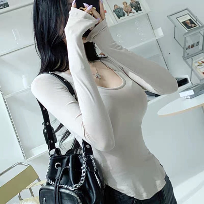 Jiashucheng Áo Thun Ngắn Ôm Eo Màu Trơn Cổ Tròn Ngực To Viền Hẹp