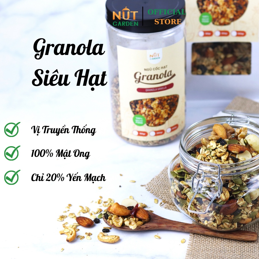 Ngũ Cốc Granola Siêu Hạt Nut Garden - Hạt Granola Ăn Kiêng 100% Mật Ong, Không Đường - Ngũ Cốc Ăn Sáng -150g, 250g, 500g