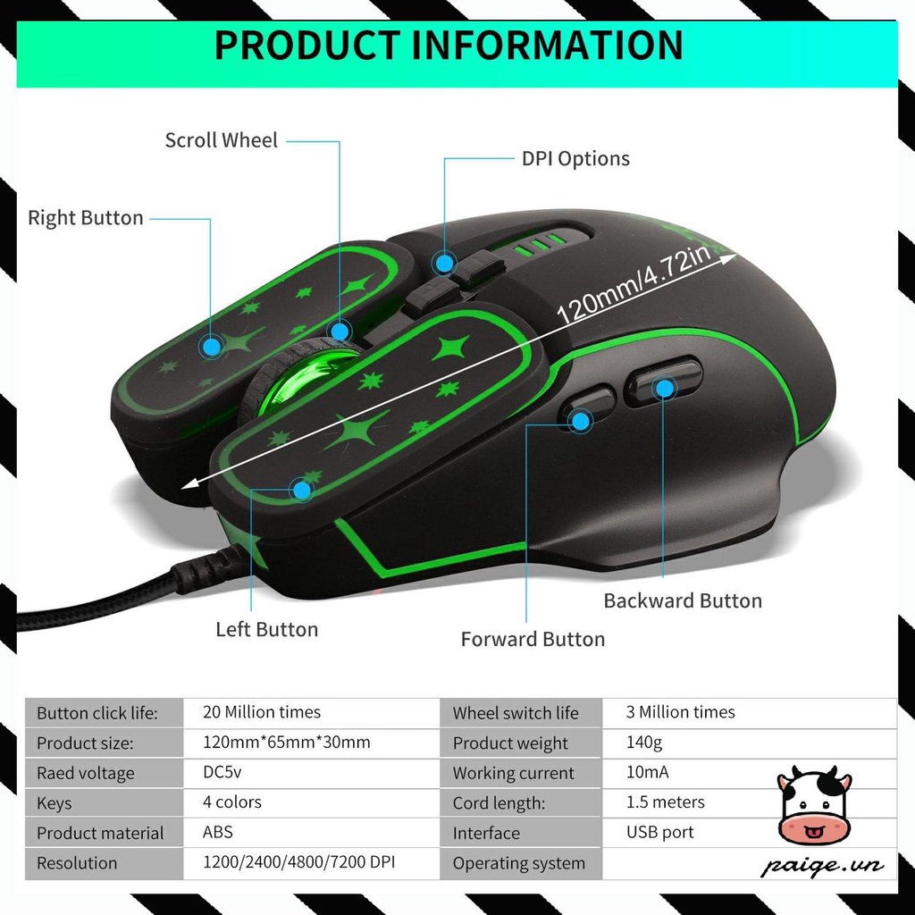 Gaming Mouse Beautiful 4 Level DPI Wired Mice 7200dpi RGB Backlight Game Mouse