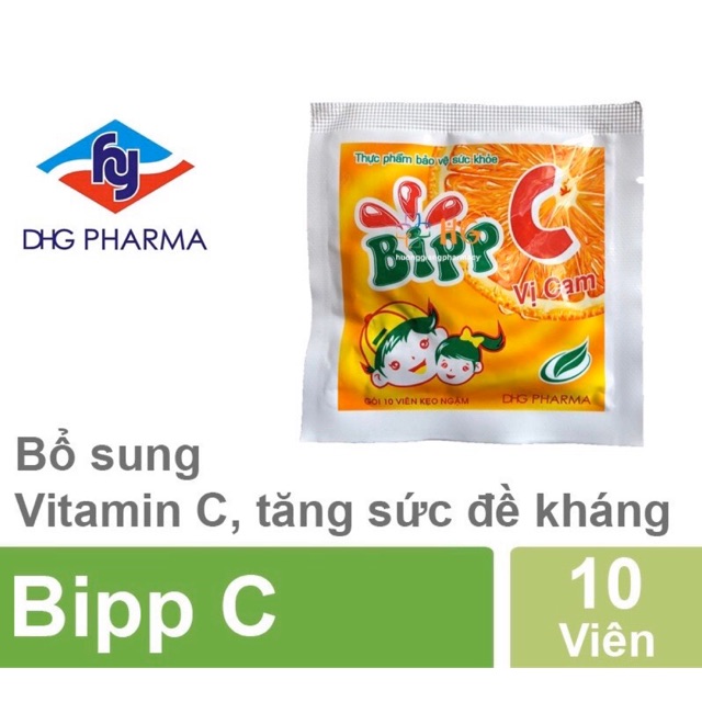 Bipp C - Kẹo cam tăng sức đề kháng cho bé &amp; người lớn (Dược Hậu Giang - DHG Pharma) (Gói 10 viên) (Kẹo cam tuổi thơ)