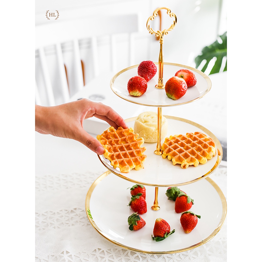 Khay 2 tầng, 3 tầng sứ viền vàng kim cao cấp để hoa quả, bánh kẹo chuyên dùng cho sự kiện, tiệc cưới