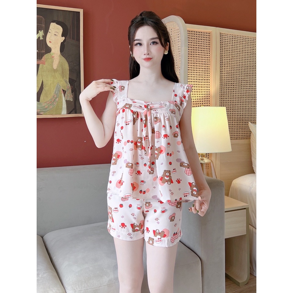 Bộ lụa cộc đùi mặc nhà nữ áo cánh tiên MYNA PYJAMAS, Chất lụa mango cao cấp, có size 40-65kg