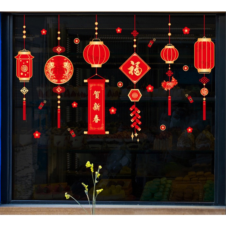 Decal hít tĩnh điện trang trí dán tết - RÈM LỒNG ĐÈN PHÁO ĐỎ CHỮ PHÚC MẪU MỚI