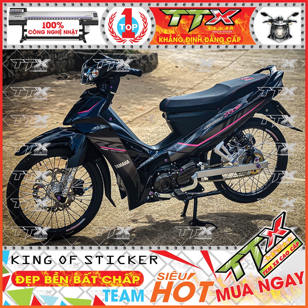 Tem Xe Sirius 110 RC Xám Đen Hồng Điểm Nhấn - Tem Dán Xe Sirius Hồng Xám Đen Siêu Đẹp - Mẫu Tem Rời Sirius Xám