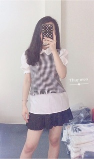 Áo sơ mi cộc tay phối caro