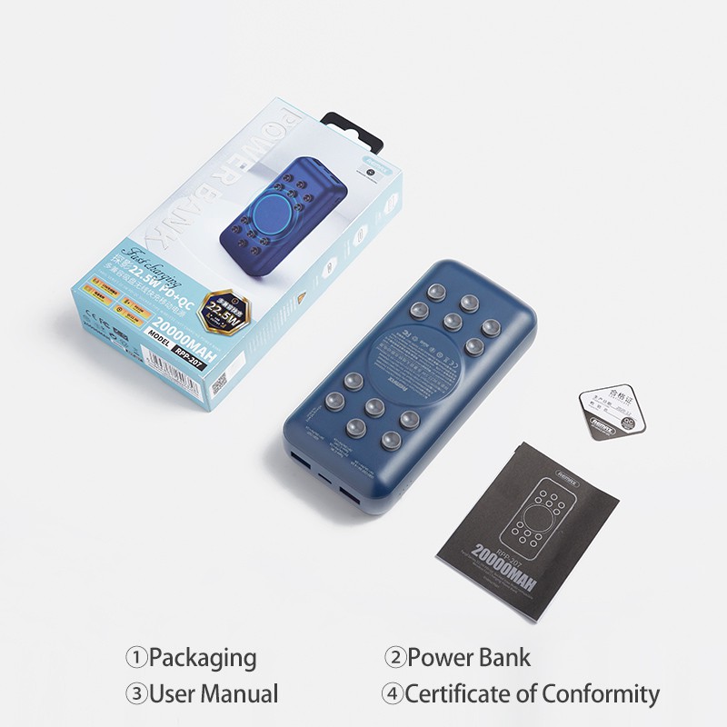 Pin sạc dự phòng Wireless Remax RPP-207 20000mAh 2 Inputs 3 Output, PD 18W, QC 22.5W, sạc không dây 15W (Xanh) - Phụ Kiệ