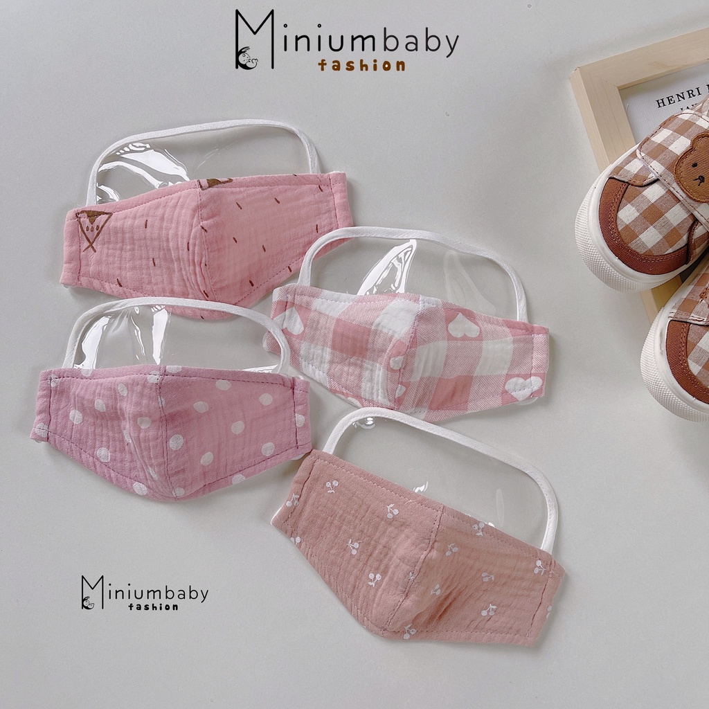Khẩu trang có kính cho bé gái, bé trai, chất liệu xo muslin màu sắc unisex, miniumbabyfashion