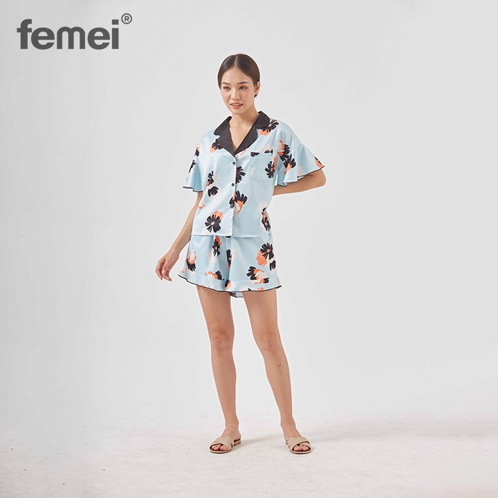 [Mã LT50 giảm 50k đơn 250k] FEMEI - Bộ Pijama ngắn Lụa Hoa Xanh DÔNNA