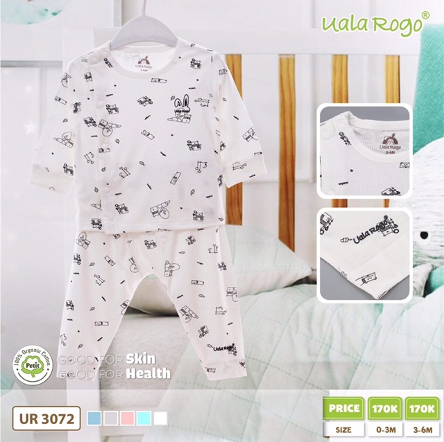 Bộ áo dài tay quần dài uala rogo chất petit cài vai sơ sinh mới cho bé trai bé gái