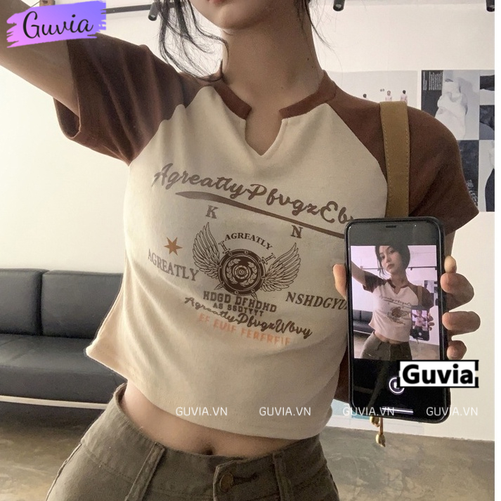 Áo Croptop Ôm Body Nữ AGREATLY Cổ Tròn Tay Ngắn, Áo Thun Croptop Kiểu Sexy In Họa Tiết GUVIA CR63