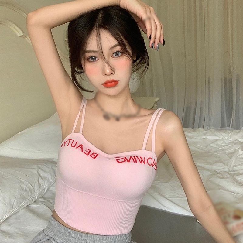 Áo Croptop Dệt Kim Không Tay In Chữ Có Mút Đệm Ngực Phong Cách Hàn Quốc Dành Cho Nữ