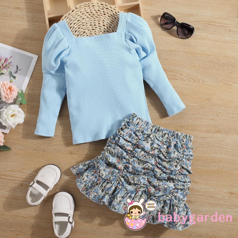 Bộ áo cổ vuông tay dài + chân váy ngắn lưng thun in hoa màu sắc xinh xắn cho bé gái