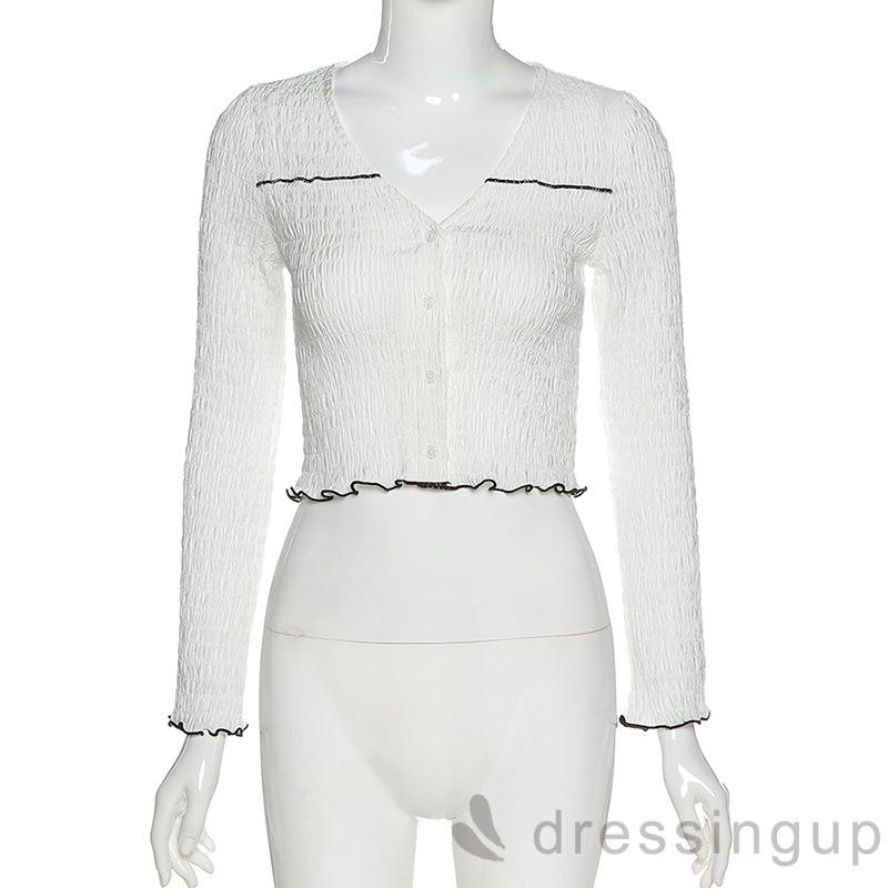 Áo Kiểu Ngắn Tay Dài Màu Trơn Thiết Kế Xếp Ly Viền Màu Cho Nữ