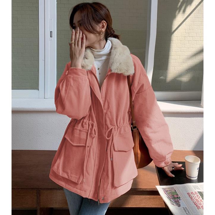 Áo Khoác Kaki ANOKO, Áo Khoác Nữ Jacket Cổ Phối Lông Dày Dây Rút Eo Dưới 65kg Thời Trang Thu Đông S120 | BigBuy360 - bigbuy360.vn