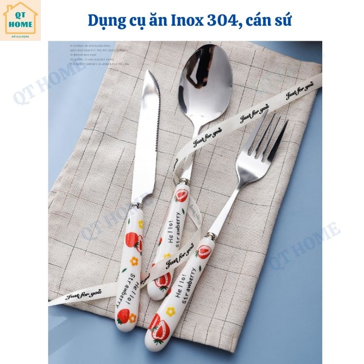 Thìa Muỗng, Dĩa Nĩa, Dao Ăn, Đũa, Chất Liệu Inox 304 và Sứ, Họa Tiết Dâu Tây, Dưa Hấu