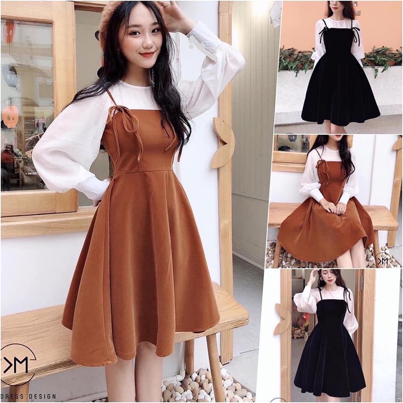 Set yếm nữ 2 dây dáng xòe buộc nơ vai áo tay bồng HSG109 dáng ngắn,mẫu dưới m60 set váy mini ngắn trên gối nơ vai