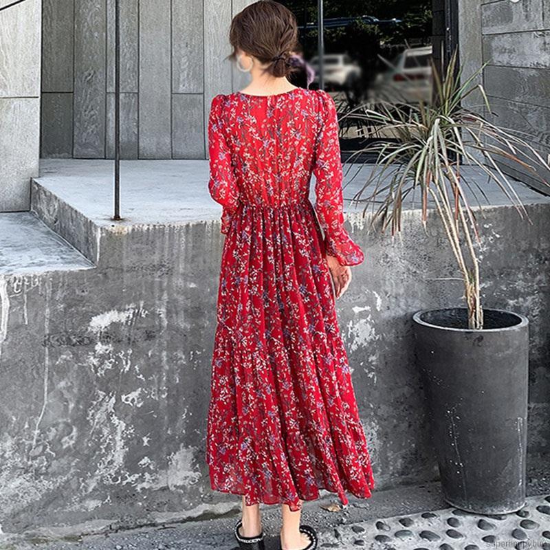 Đầm Maxi Tay Dài Cổ Chữ V Nhấn Eo Cao Họa Tiết Hoa Nữ Tính | BigBuy360 - bigbuy360.vn