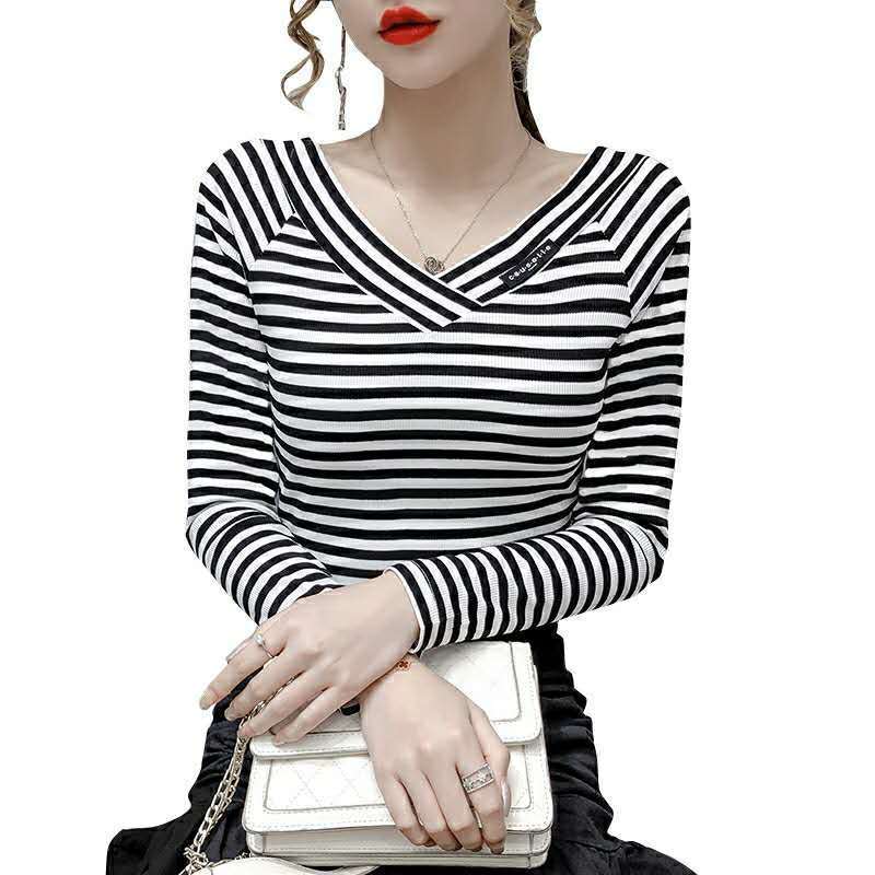 Áo Thun Tay Dài Cổ Chữ V Kẻ Sọc Thời Trang Mùa Thu Cho Nữ