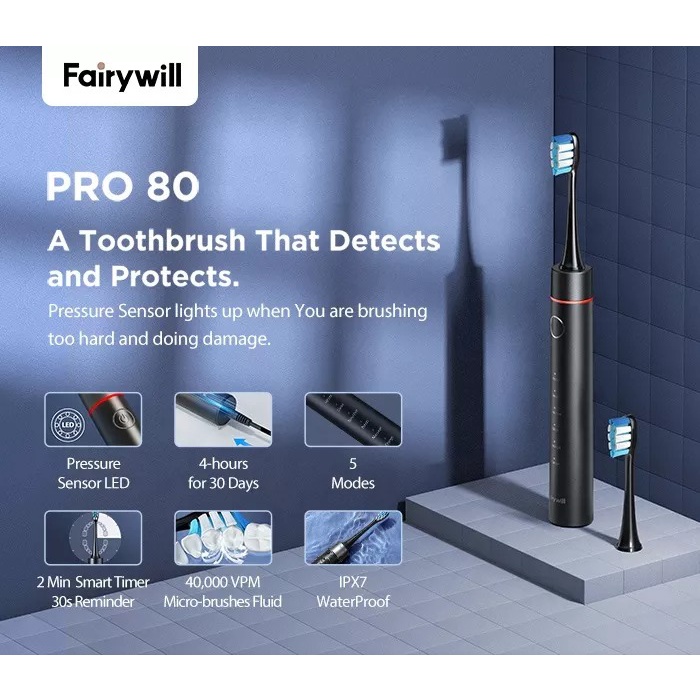 Bàn chải đánh răng điện Sonic Pro Fairywill P80 từ Đức, kèm 8 đầu bàn chải siêu mềm