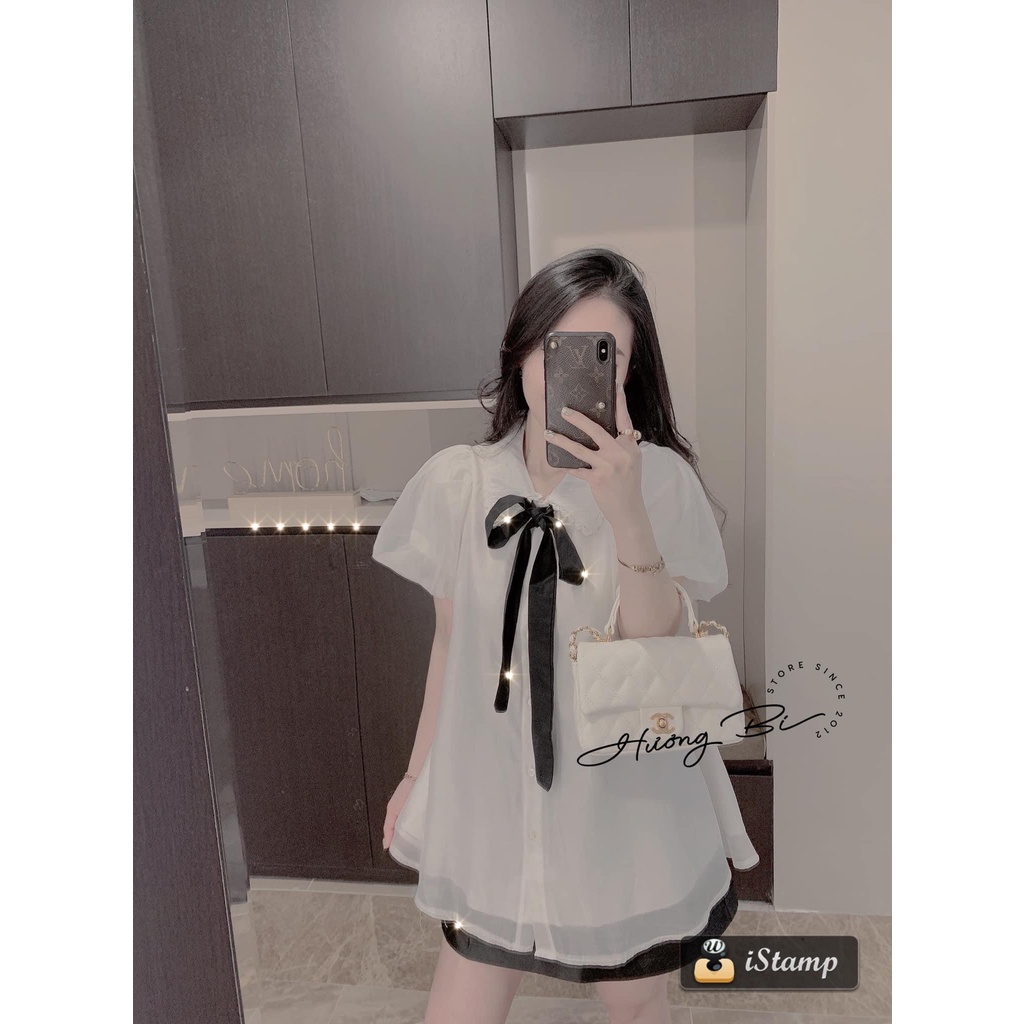 [ảnh thật-sẵn] Sơ mi tơ xước tay bồng 2 lớp thắt nơ