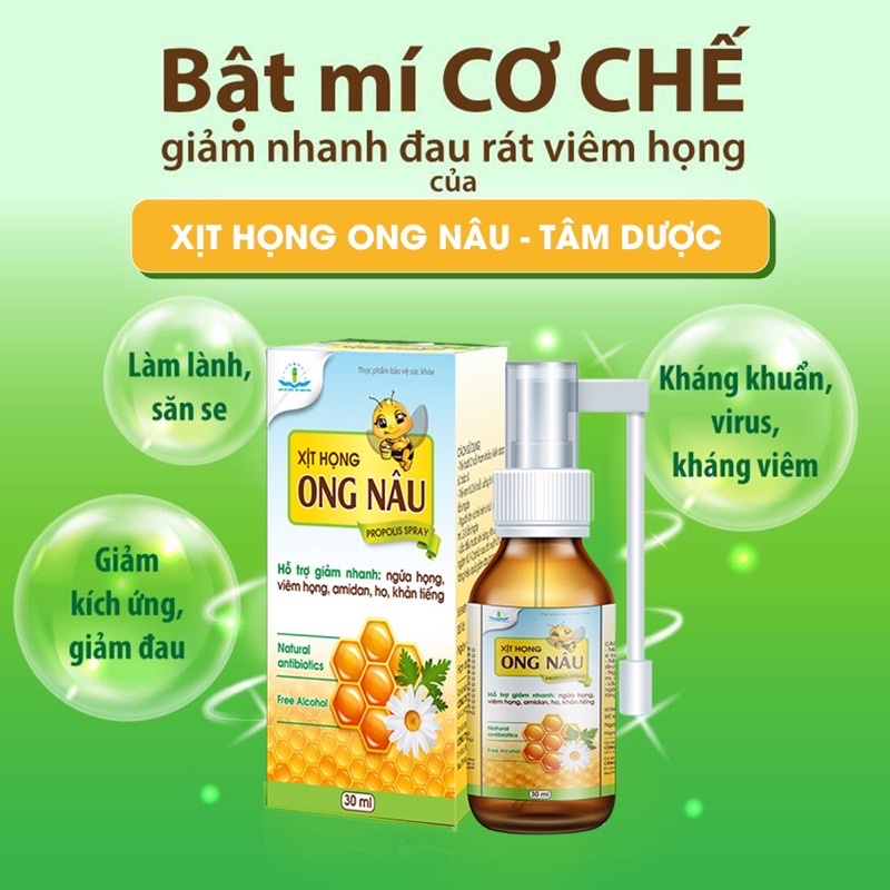 Xịt họng ong nâu tâm dược con ong keo ong nhất nhất giúp giảm ho ngứa họng amidan khản tiếng, viem họng, chai 30 ml