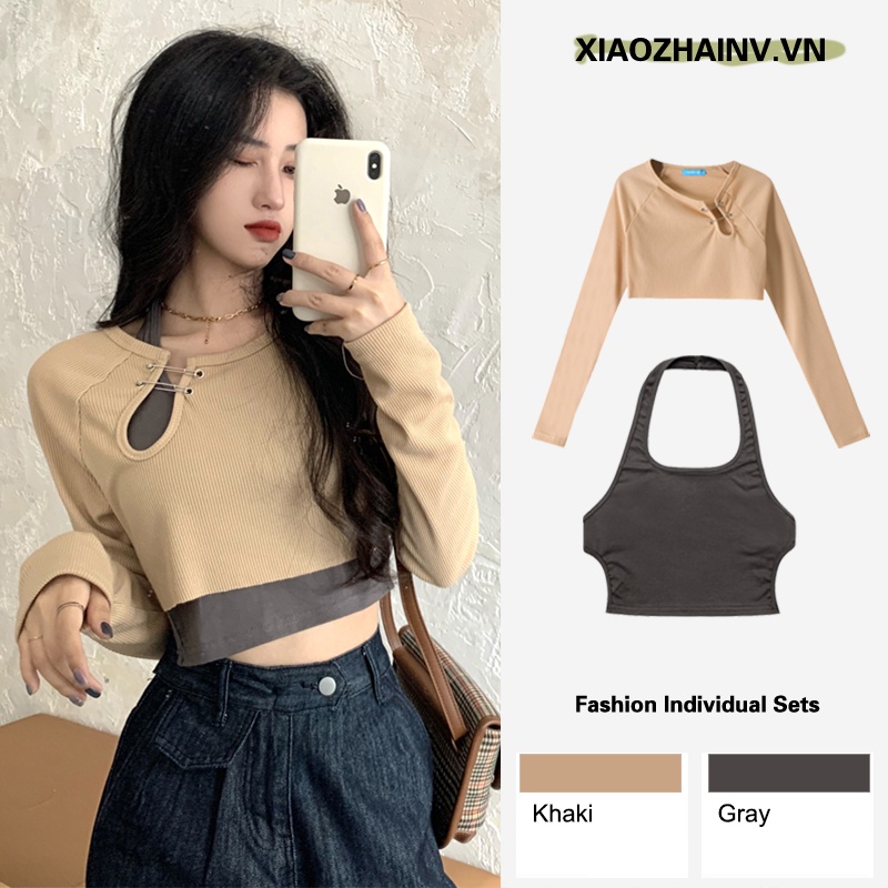 Xiaozhainv Áo Croptop Dài Tay/ Áo 3 Lỗ Ôm Dáng Gợi Cảm Dành Cho Nữ