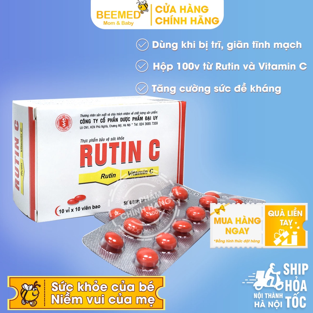 Rutin C Đại Uy - bổ sung vitamin C  - Hộp 100 viên, giúp tăng cường sức đề kháng, phòng ngừa nhiệt miệng, táo bón